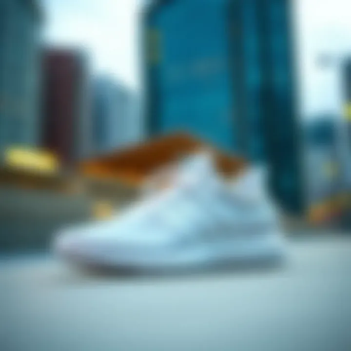 Adidas Swift Run in white displayed against a stylish urban backdrop