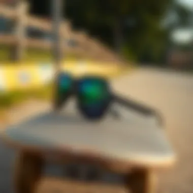 Affordable Sunglasses on a Skateboard Budget-friendly sunglasses displayed on a skateboard