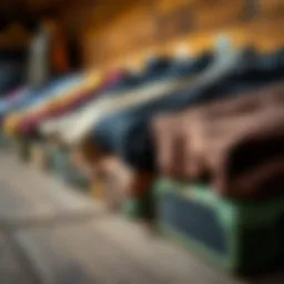 A close-up of various skateboarding pants styles displayed on a wooden surface