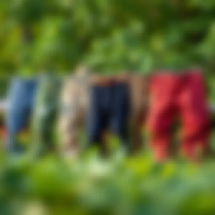Sustainable Skate Pants for Eco-Conscious Skaters A selection of eco-friendly skate pants lined up with nature in the background