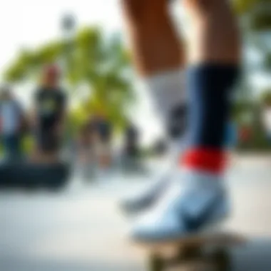 A vibrant skate park scene where skaters are wearing Nike socks, illustrating cultural significance.