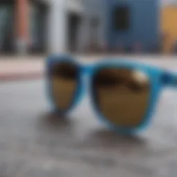 Close-up of blue frame Wayfarer sunglasses showcasing their unique design