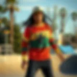 Vibrant Bob Marley sweater showcased in a skate park