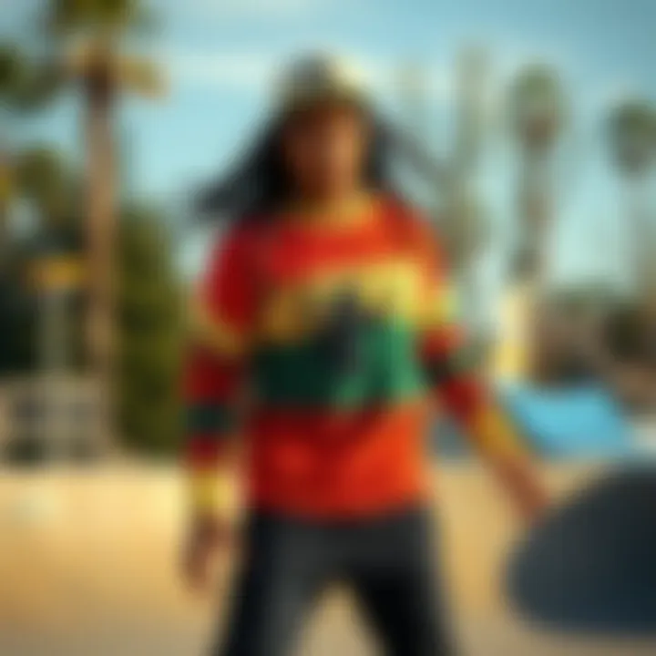 Bob Marley Sweater in Action Vibrant Bob Marley sweater showcased in a skate park