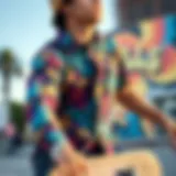 A vibrant button down party shirt worn by a skateboarder showcasing style and flair.