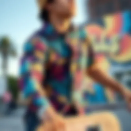 Expressive Style in Skate Culture A vibrant button down party shirt worn by a skateboarder showcasing style and flair.