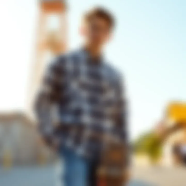 A casual outfit featuring a checked button-up shirt paired with denim