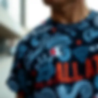 Design Mastery: The Art of Champion's All Over Print Close-up of intricate design details on Champion t-shirt