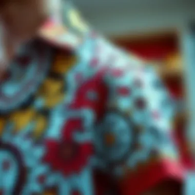 A close-up of a loud shirt with intricate designs, highlighting craftsmanship and artistic elements