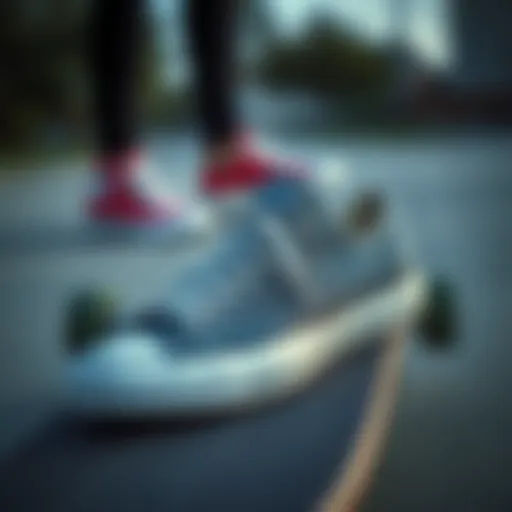 Grey Converse Sneakers and Skateboarding Culture A stylish pair of grey Converse sneakers resting on a skateboard