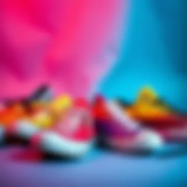 Artistic arrangement of various Converse All Star Rainbow sneakers against a colorful backdrop