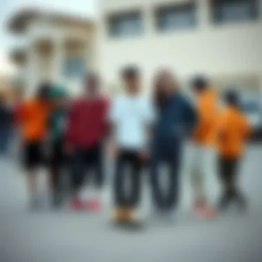 A group of skaters gathered, showcasing their distinct styles with Converse All Star Rainbow