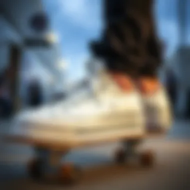 Stylish Converse White Gold Platform sneakers on a skateboard