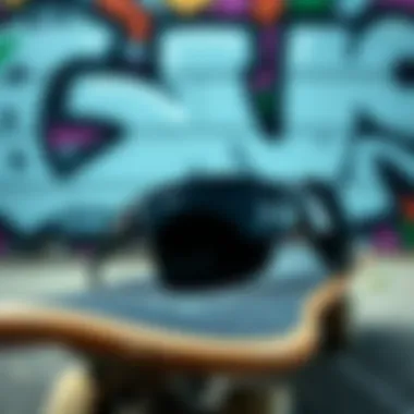 Cyrus sunglasses resting on a skateboard against a graffiti background