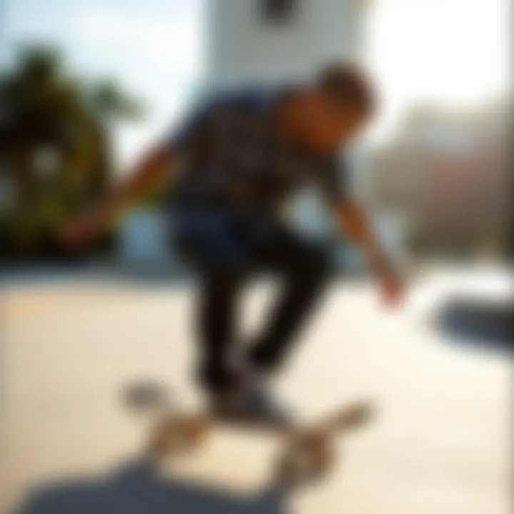 Skater wearing a DC button-up shirt while performing a trick on a skateboard