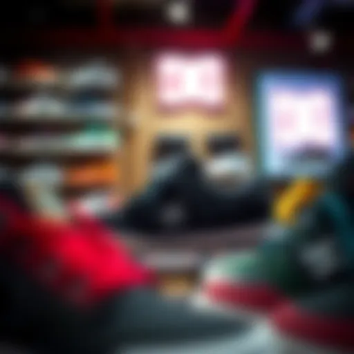 A vibrant display of DC Shoes showcasing their latest skateboard footwear collection.