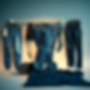 A stylish arrangement of various denim blue skinny jeans on a minimalist background