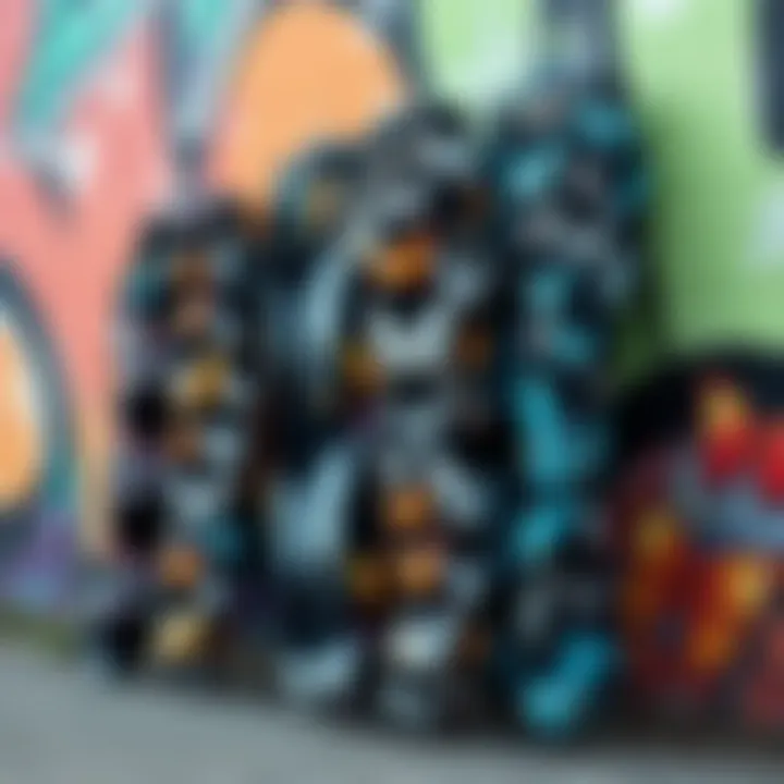 Various styles of butterfly pattern pants displayed against a colorful graffiti backdrop