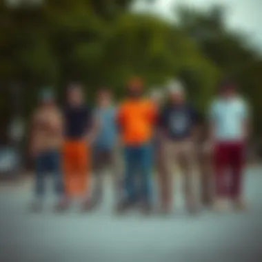 Identity and Expression in Skate Culture Group of skateboarders expressing individuality in dikie pants