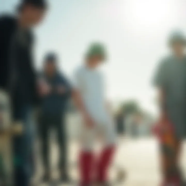 Group of skateboarders showcasing diverse styles, including Hilfiger apparel