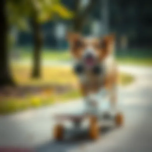 Dog on Skateboard in Park A dog confidently riding a skateboard in a park