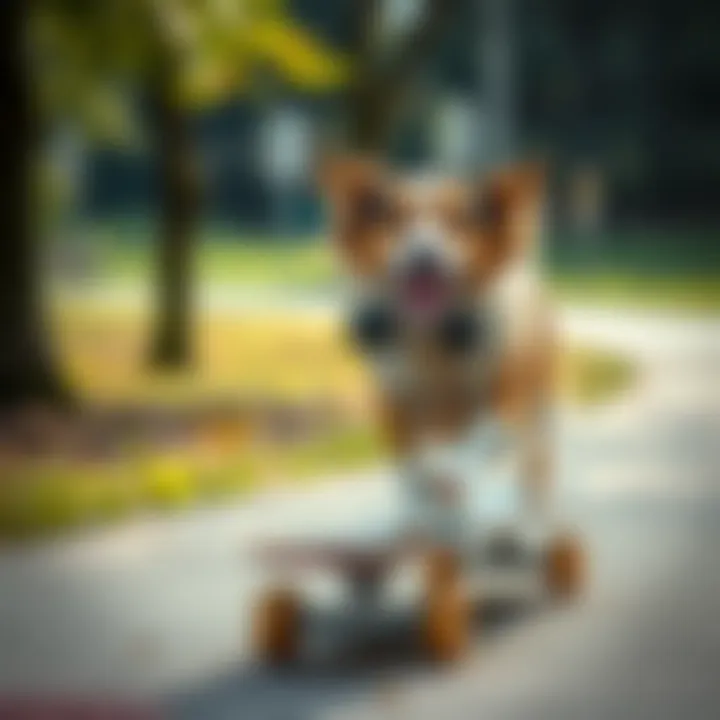 Dog on Skateboard in Park A dog confidently riding a skateboard in a park