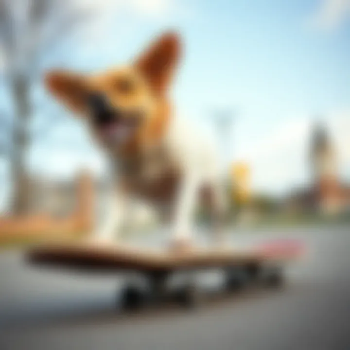 Dog Performing Trick on Skateboard A captivating view of a dog performing a trick on a skateboard