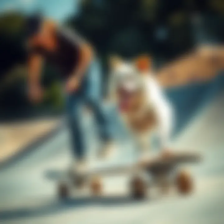 Skateboarder with Dog at Skate Park A skateboarder and their dog enjoying a sunny day at the skate park