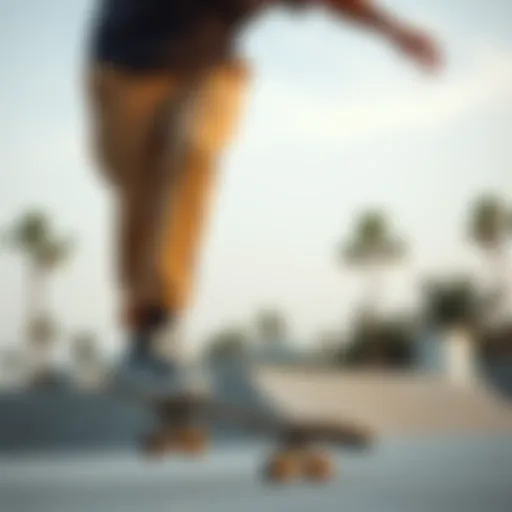 Flexibility in Action A skateboarder showcasing the flexibility of elastic ankle khaki pants while performing tricks.