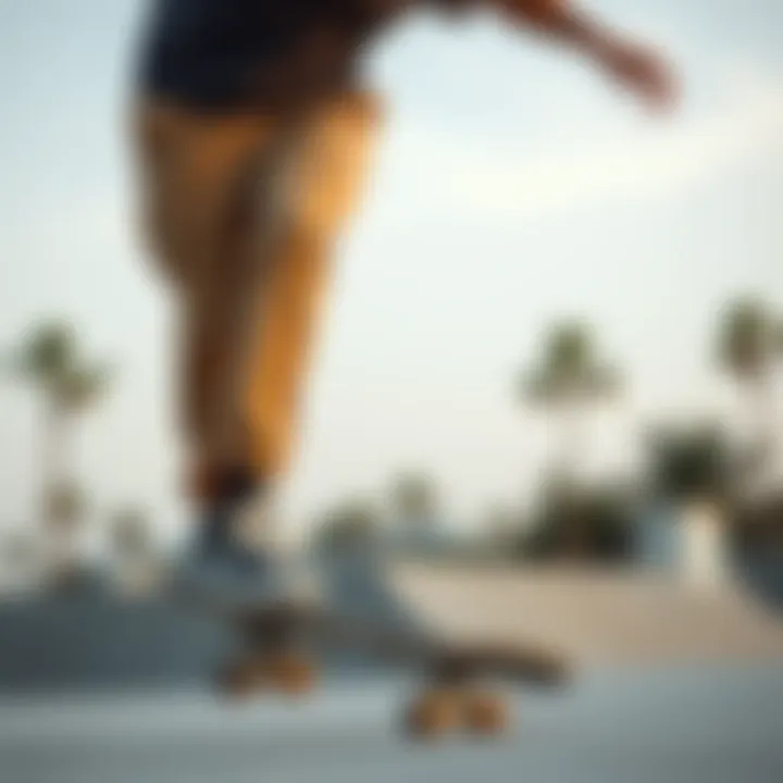 Flexibility in Action A skateboarder showcasing the flexibility of elastic ankle khaki pants while performing tricks.