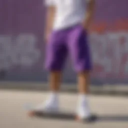Vibrant purple sweat shorts displayed against a skateboard backdrop