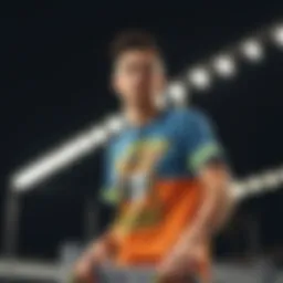 Skateboarder wearing a vibrant graphic tee