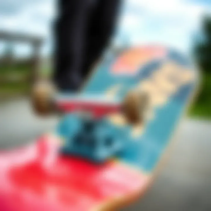 Close-up of a quality skateboard deck and trucks