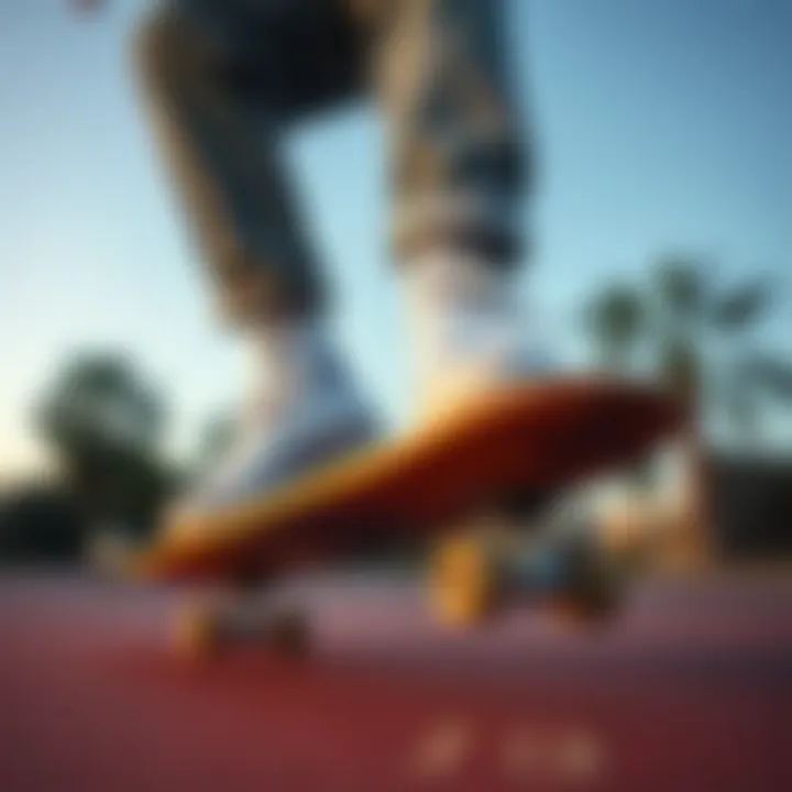 Skateboarder performing tricks while wearing all white high-tops