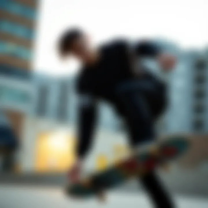 Skateboarder in Action Wearing American Stitch Sweater A skateboarder wearing an American stitch sweater while performing a trick in an urban environment.