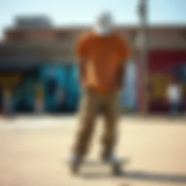 Expression and Individuality through Chino Loose Pants An artistic depiction of individuality, featuring chino loose pants with skateboards and urban elements