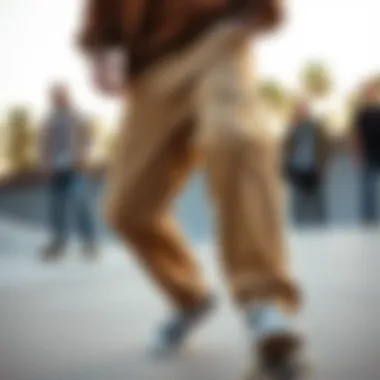 Chino Loose Pants in Action at a Skate Park A vibrant skate park scene with individuals wearing chino loose pants, displaying style and attitude