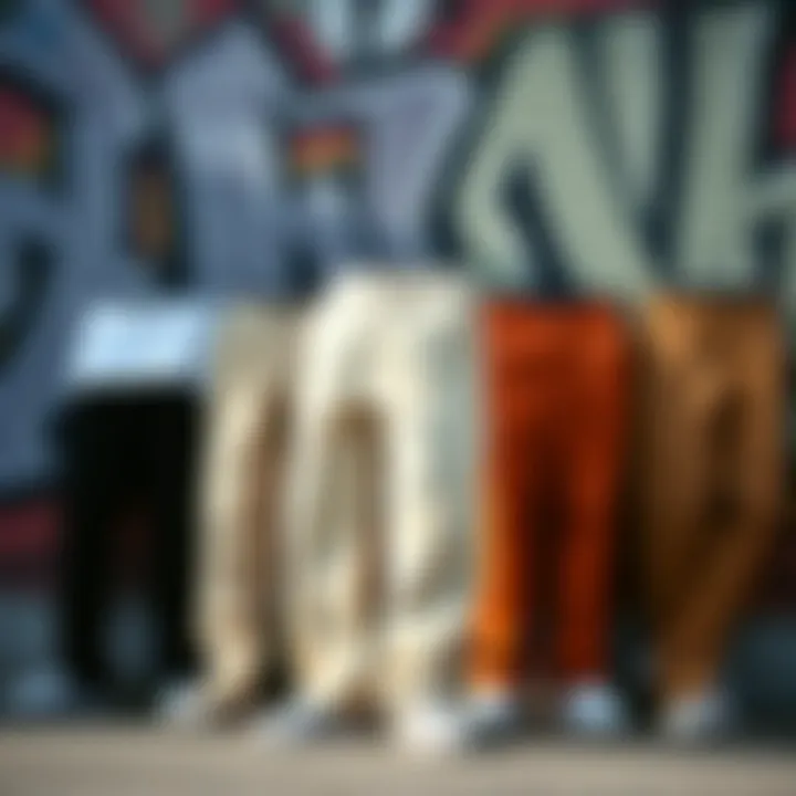 Diverse Styles of Chino Loose Pants A stylish arrangement of various chino loose pant colors and styles against a graffiti backdrop