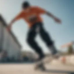 A skater performing a trick in stylish baggy skate pants