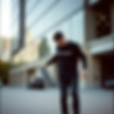 Skater wearing the black long sleeve Champion shirt in an urban setting