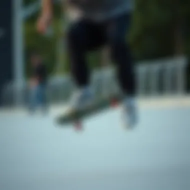 A skateboarder performing a trick while wearing black sweatpants, emphasizing movement and flexibility.