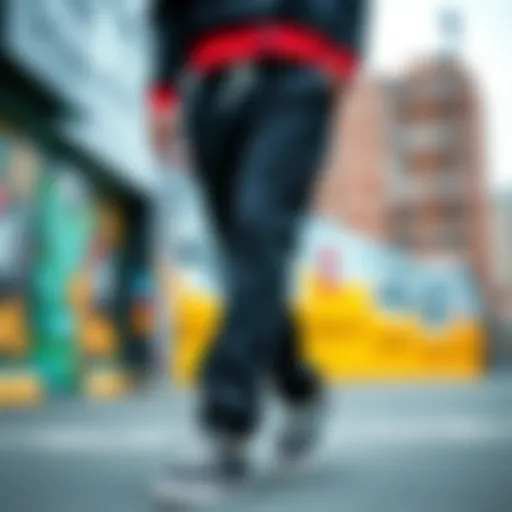 A stylish pair of black sweatpants showcased against a vibrant urban backdrop.