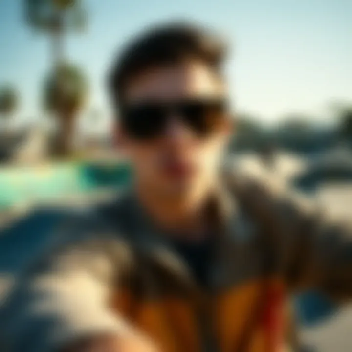 Dynamic skate park scene featuring Blenders sunglasses as key accessory