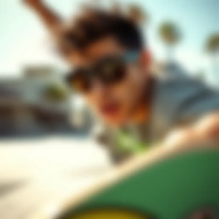 Skateboarder wearing stylish Blenders sunglasses during a trick