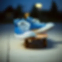 A pair of blue Chuck Taylor shoes on a skateboard