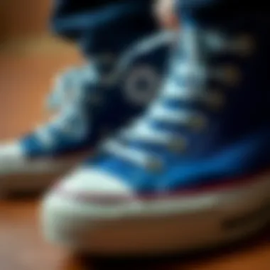 Close-up of blue Chuck Taylor shoes showcasing their design