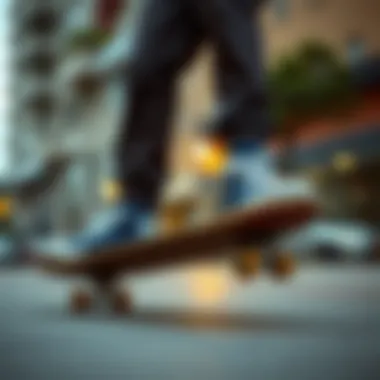 Skateboarder wearing blue Chuck Taylor shoes in an urban setting