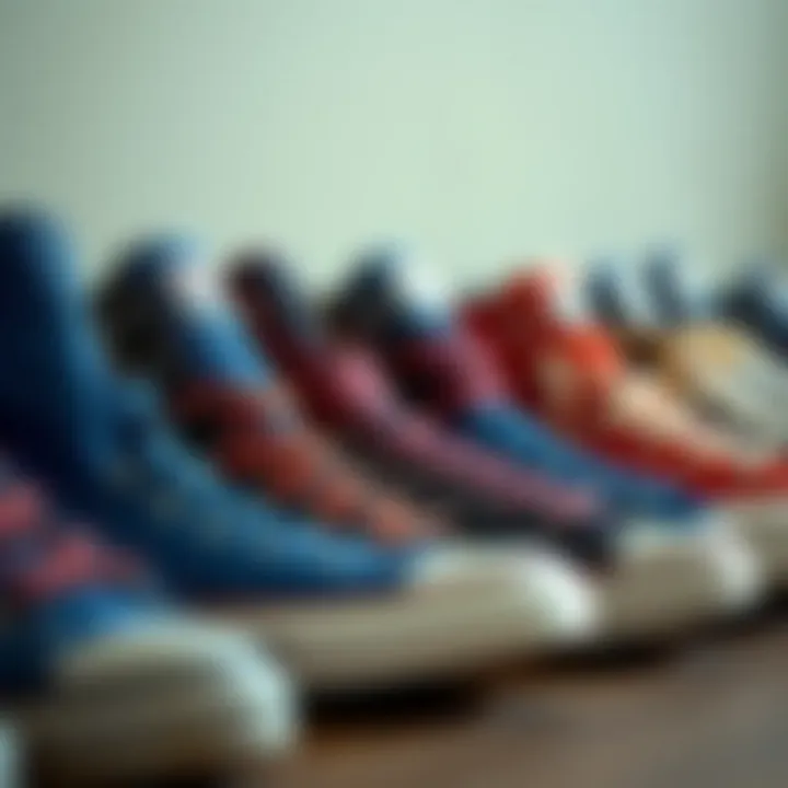Various styles of blue Chuck Taylor shoes lined up