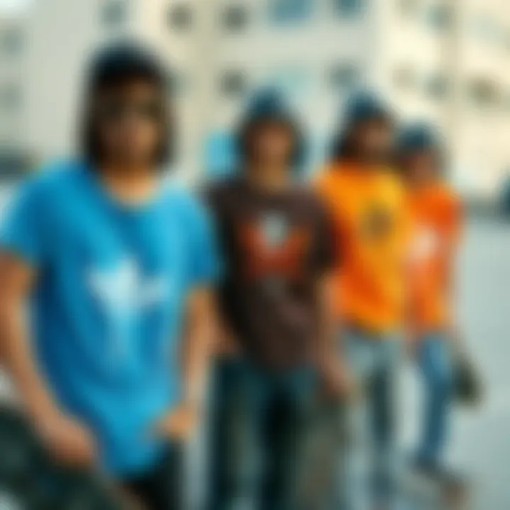 Group of skateboarders sporting blue and orange tees