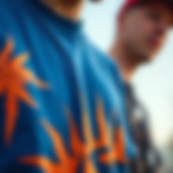 Close-up of graphic design on blue and orange tee